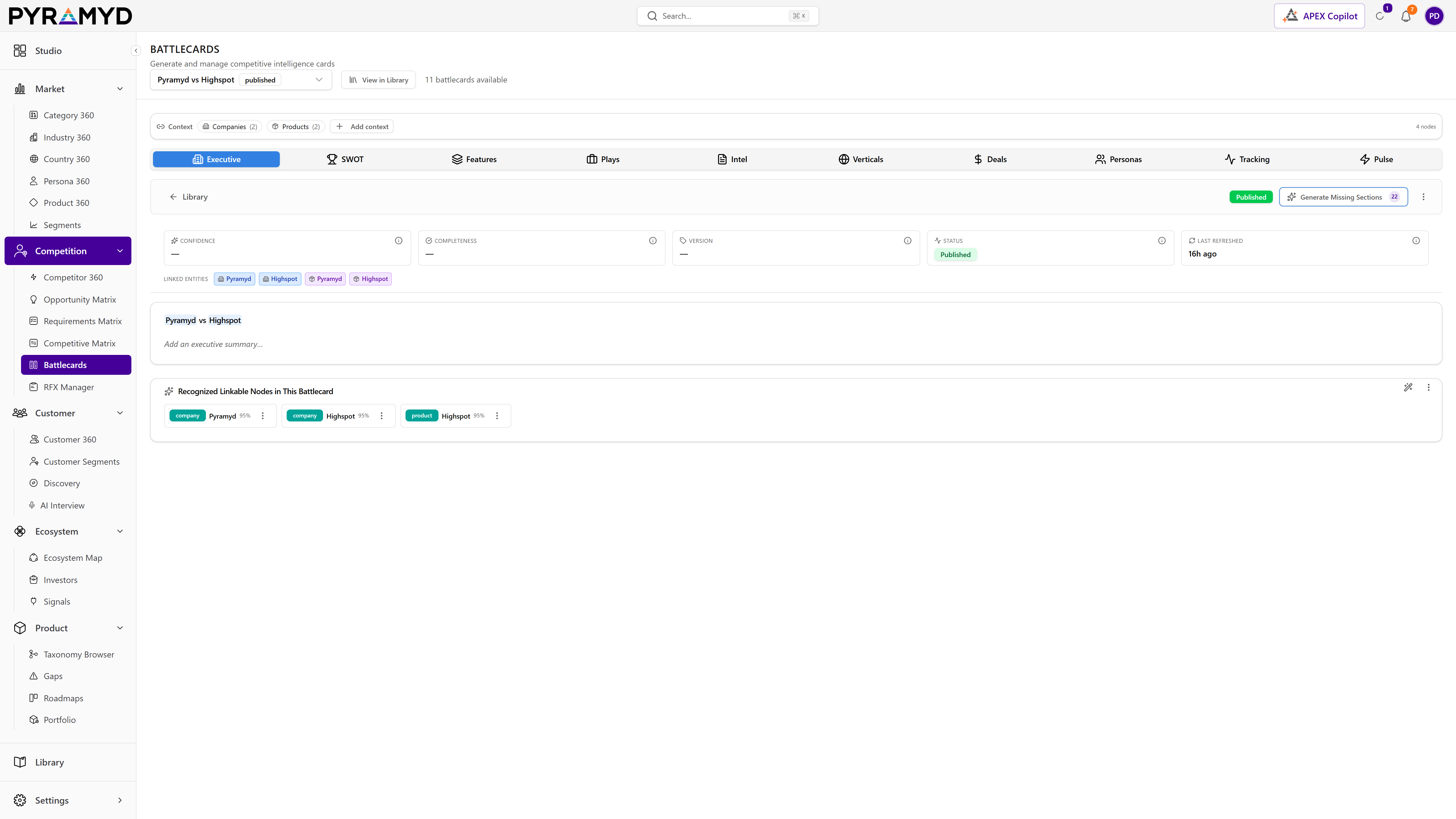 PYRAMYD battlecard comparing Pyramid Analytics vs Klue, captured live from app.pyramyd.ai