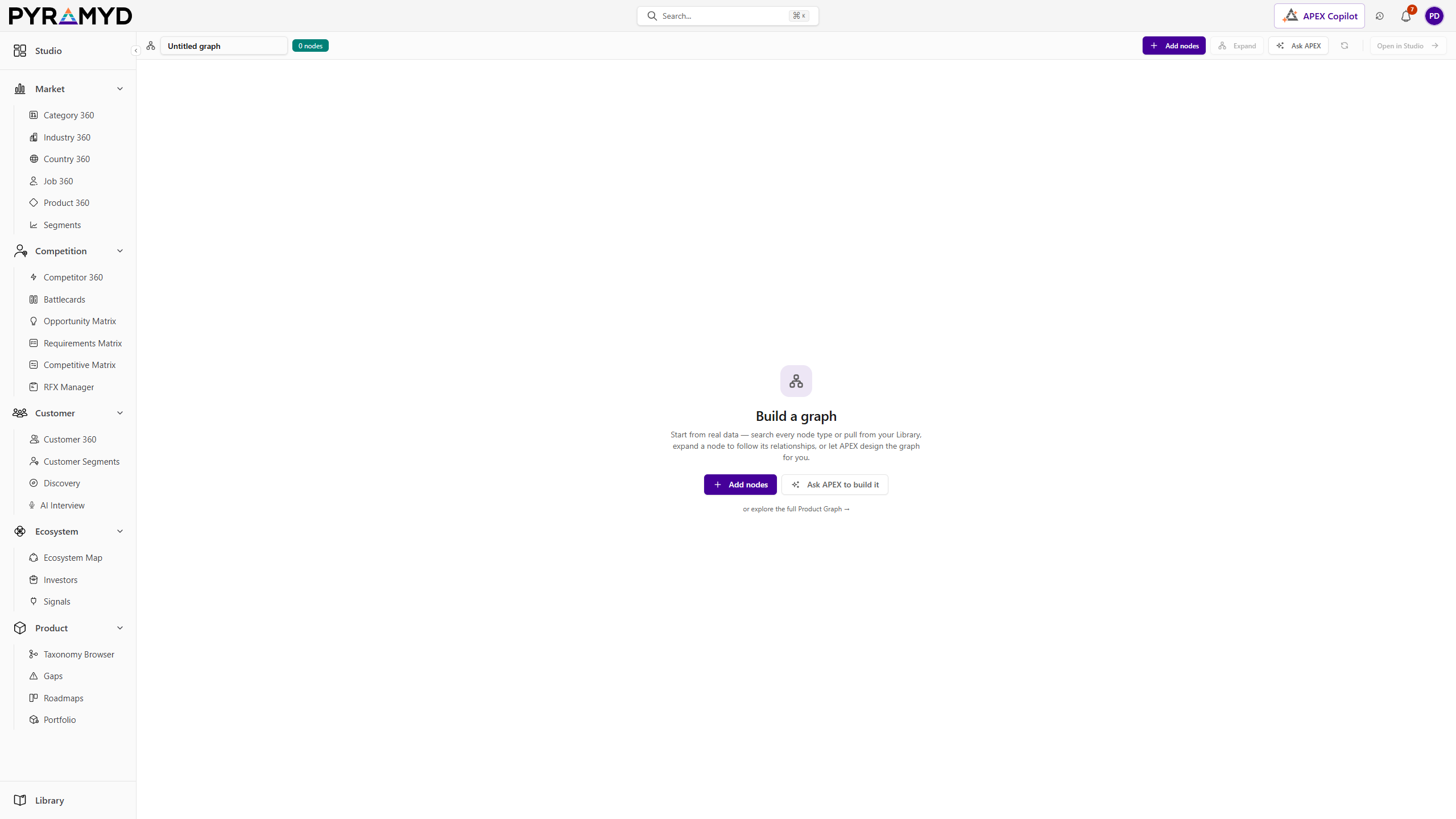 Search every node type, pull from your Library, or let APEX design the graph for you.